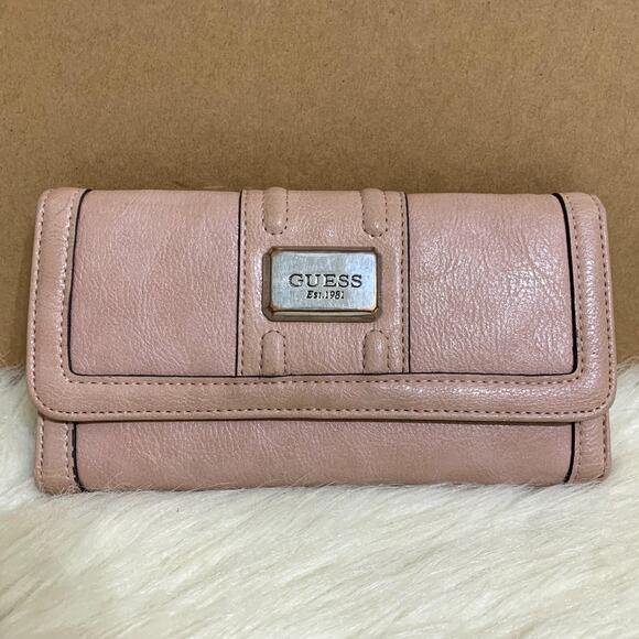 GUESS Large Vintage Dusty Rose Pink Faux Leather Checkbook Clutch Trifold Wallet - Picture 1 of 13